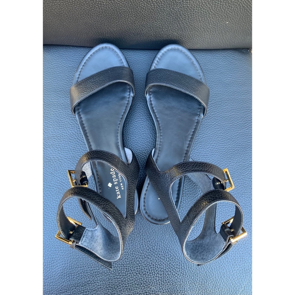 kate spade Black Leather Ankle-Strap Platform Sandals with Gold Buckles - Picture 3 of 5